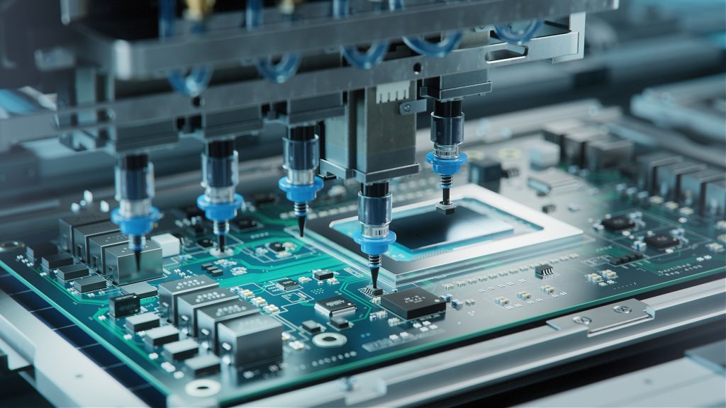 Automatic pick place powered by pneumatic system quickly installs semiconductor components on a PCB board