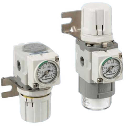 Koganei FRZ Regulators Rc or NPT Thread Mpa or PSI Gauge. New-generation filter regulator. Elimination of fluid removal function for greater mounting direction freedom. Easy bowl attachment and detachment.