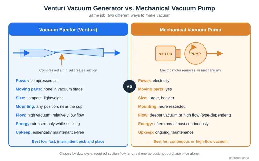 Comparison of a Venturi vacuum ejector and a mechanical vacuum pump: power source, size, flow, energy use, and maintenance
